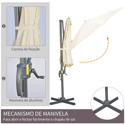 Outsunny Chapéu de Sol de Jardim de Alumínio Ø293x248cm Chapéu de Sol Excêntrico com Rotação 360° Inclinação de 4 Níveis com Manivela Ventilação e Base Cruzada para Pátio Varanda Bege