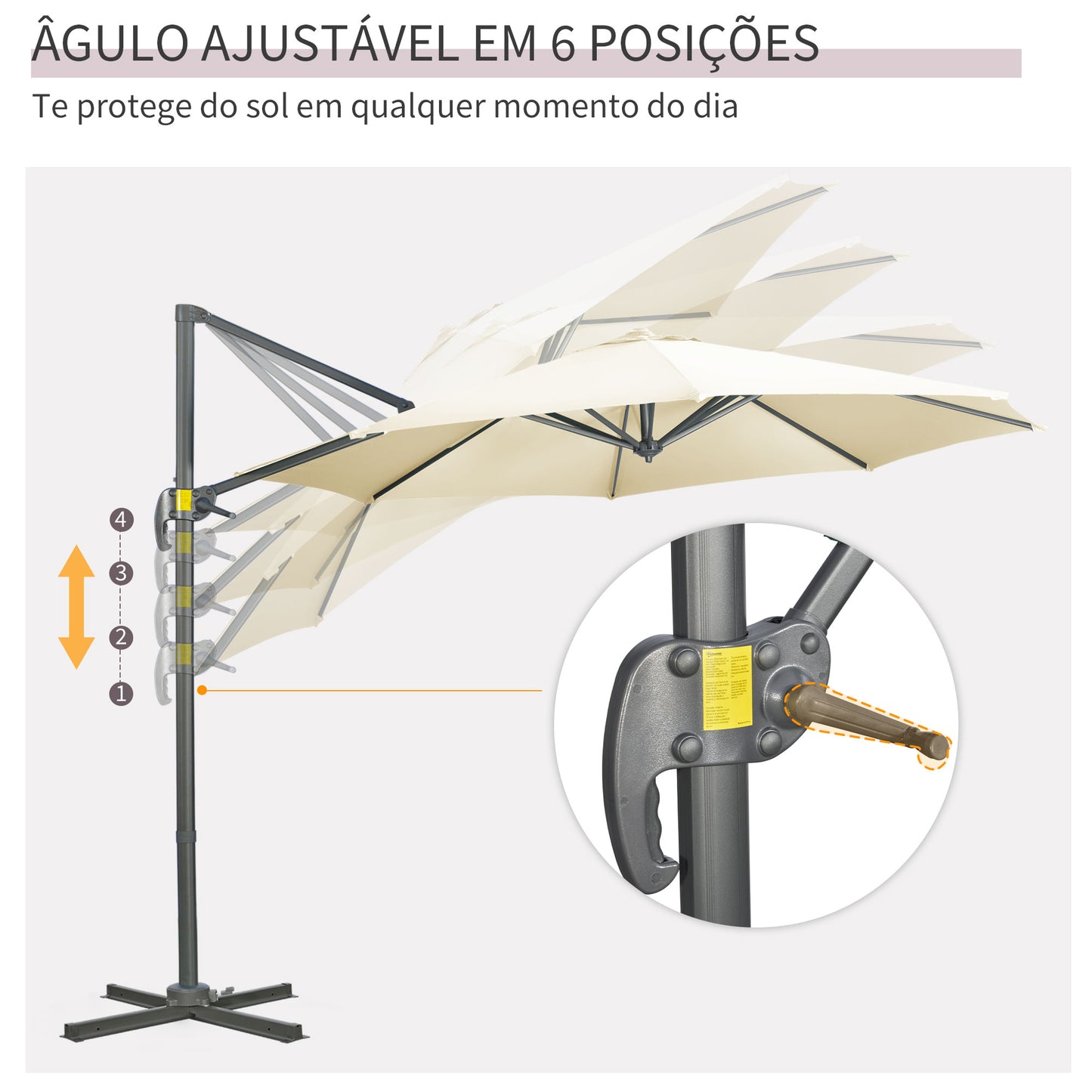 Outsunny Chapéu de Sol de Jardim de Alumínio Ø293x248cm Chapéu de Sol Excêntrico com Rotação 360° Inclinação de 4 Níveis com Manivela Ventilação e Base Cruzada para Pátio Varanda Bege