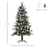 HOMCOM Árvore de Natal Artificial 150cm com 440 Ramas 39 Pinhas e 39 Frutinhas Folhas de PVC PE Base Dobrável e Suporte Metálico Decoração de Natal para Interiores Verde