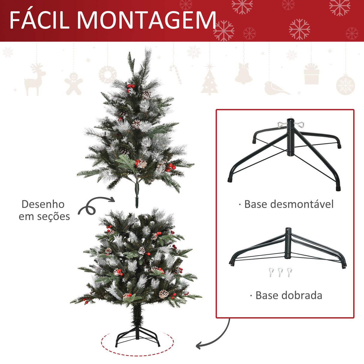 HOMCOM Árvore de Natal Artificial 150cm com 440 Ramas 39 Pinhas e 39 Frutinhas Folhas de PVC PE Base Dobrável e Suporte Metálico Decoração de Natal para Interiores Verde