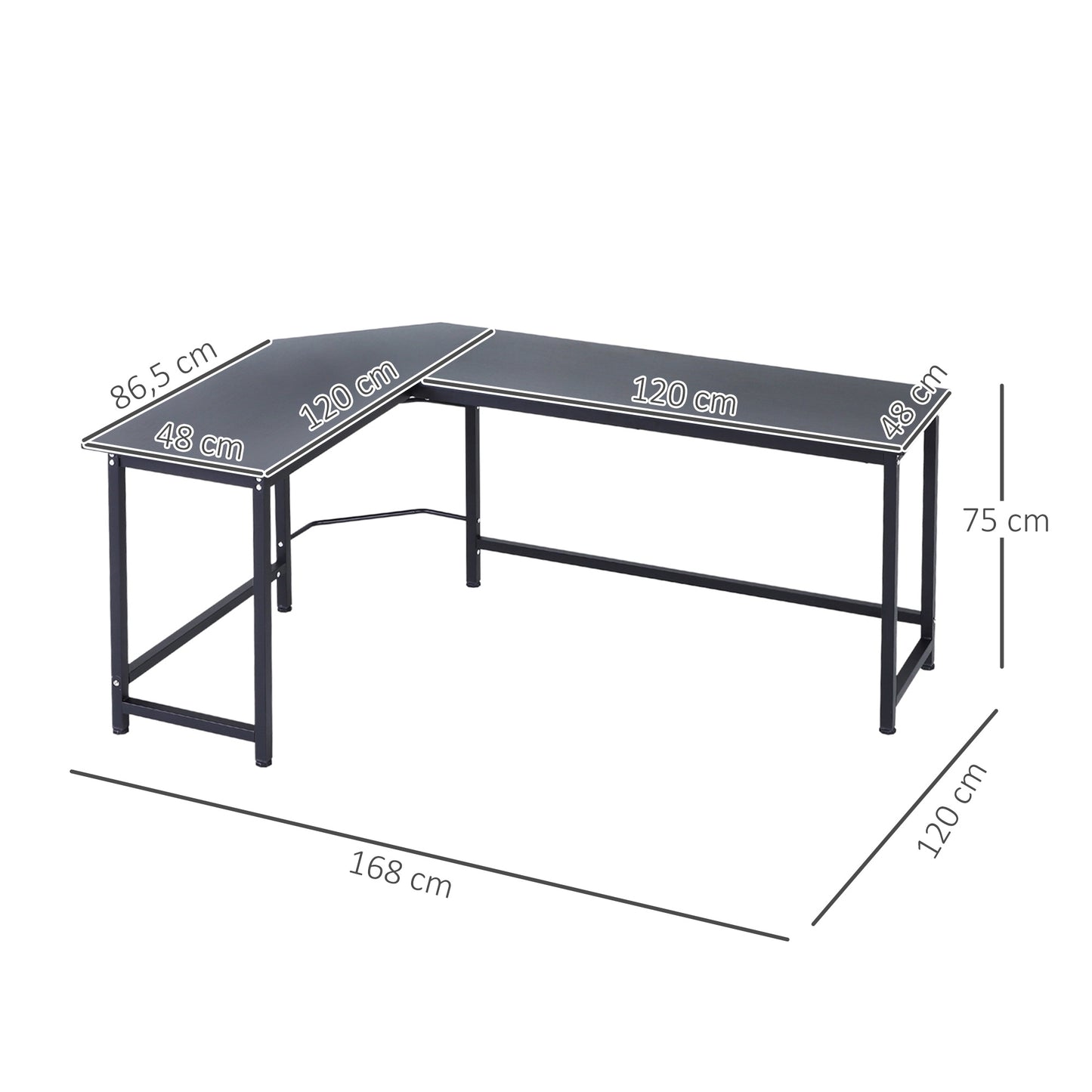 Vinsetto Secretária de Canto Mesa de Computador em Forma de L com Estrutura de Aço 168x120x75cm Preto