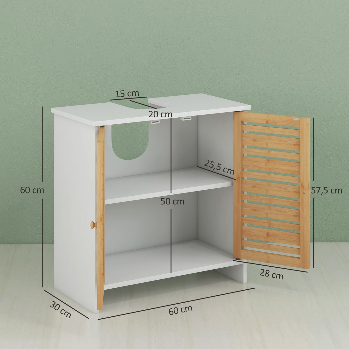 HOMCOM Móvel para Lavatório Móvel Sob Lavatório Moderno com Portas Magnéticas de Bambu e Estante Ajustável 60x30x60 cm Branco e Madeira