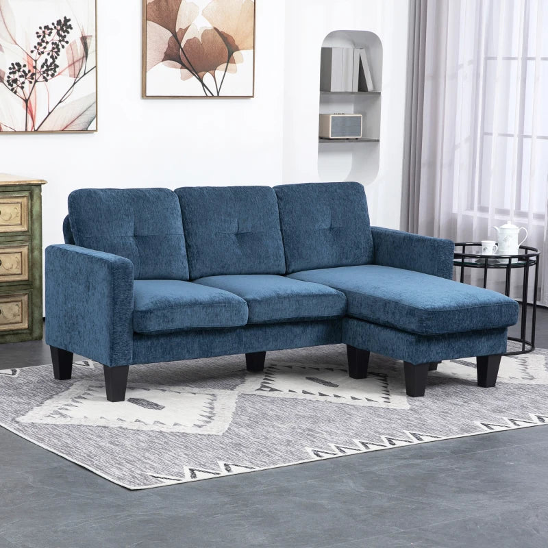 Sofá Chaise Longue Sofá em Forma de L Estofado em Poliéster Sofá de Canto Reversível com 3 Almofadas e Pés de Madeira para Sala de Estar Carga Máxima 180 kg 186x130x84 cm Azul