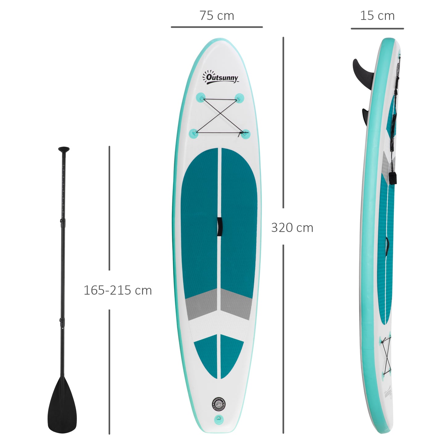 Outsunny Prancha de Paddle Surf Inflável 320x76x15cm Dobrável com Remo de Alumínio Ajustável Desmontável Bolsa de Transporte e Acessórios Branco e Turquesa