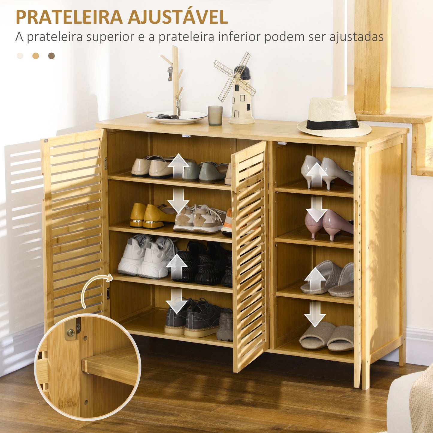 HOMCOM Sapateira de Entrada Armário Sapateira com 3 Portas de Persiana Prateleiras Ajustáveis para 16 Pares de Sapatos para Corredor Entrada 100x35x80 cm Natural