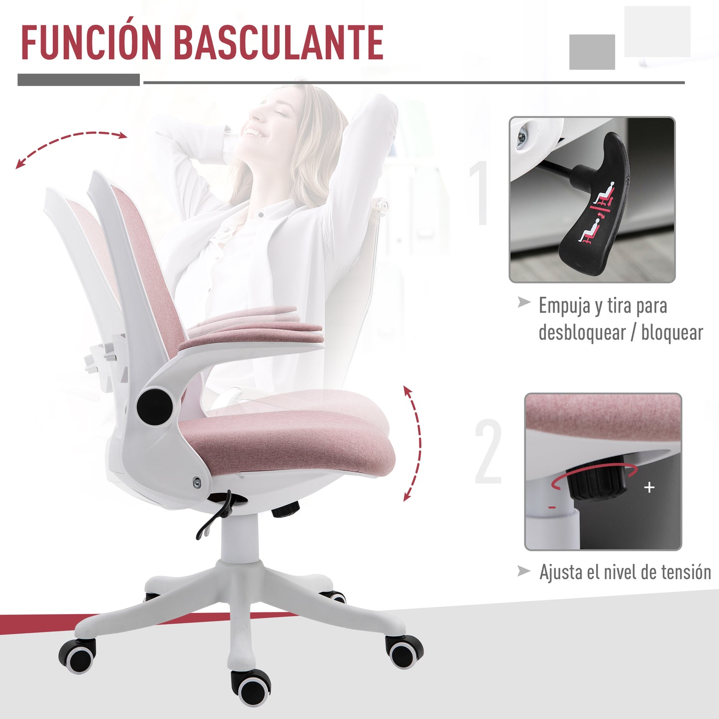 Vinsetto Cadeira de Escritório Giratória Função de Inclinação Altura Ajustável Ergonômica com Apoio de Braço Elevavel Carga 120 kg 62,5x60x94-104cm Rosa