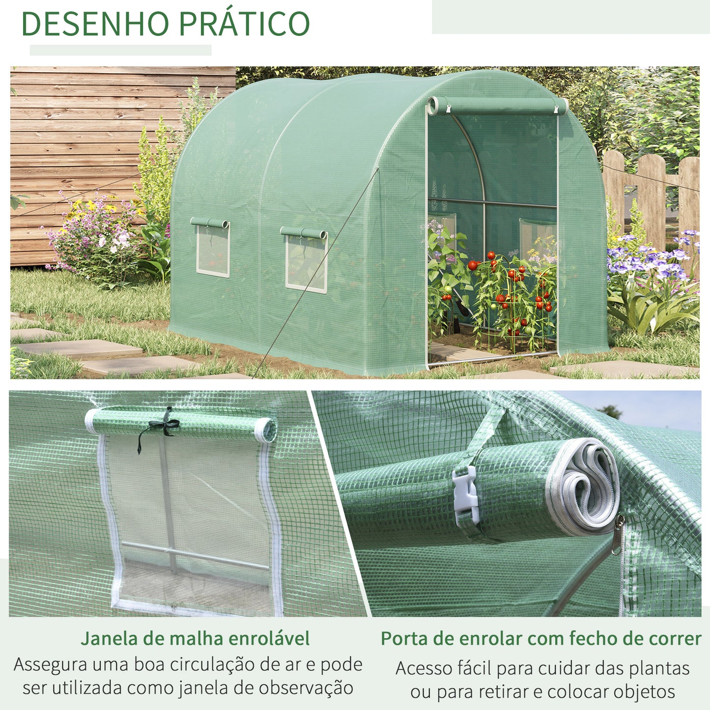 Outsunny Estufa Tipo Túnel 300x200x195 cm com Porta e 4 Janelas Estufa de Jardim para Cultivo de Plantas e Verduras com Cobertura PE 140g/㎡ Verde