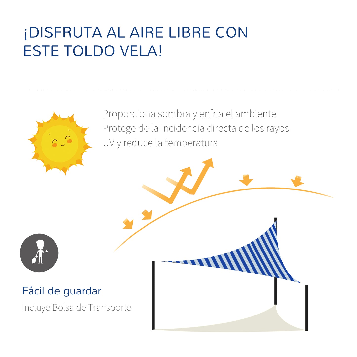 Outsunny Vela de Sombra Triangular de HDPE Proteção UV Aneis em Forma de D e Cordas para Jardim Pátio Piscina 5x5x5 m Azul e Branco