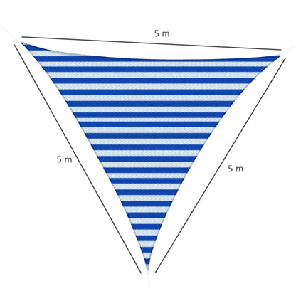 Outsunny Vela de Sombra Triangular de HDPE Proteção UV Aneis em Forma de D e Cordas para Jardim Pátio Piscina 5x5x5 m Azul e Branco