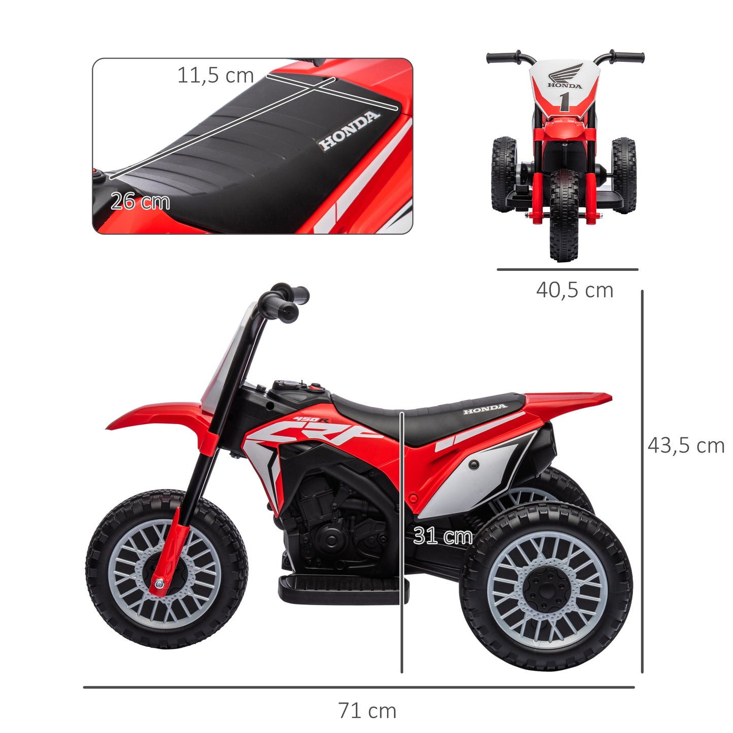 HOMCOM Mota Elétrica com Licença Honda CRF450RL para Crianças acima de 18 Meses Mota de Bateria 6V com Velocidade 3km/h Buzina e Som de Arranque Carga Máxima 25 kg 71x40,5x43,5 cm Vermelho