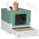 PawHut Caixa de Areia para Gatos Dobrável Caixa de Areia para Gatos Fechada com Cobertura Desmontável Bandeja Removível Teto Rebatível Porta de Entrada e Pá 47,5x35,5x36,7cm Verde