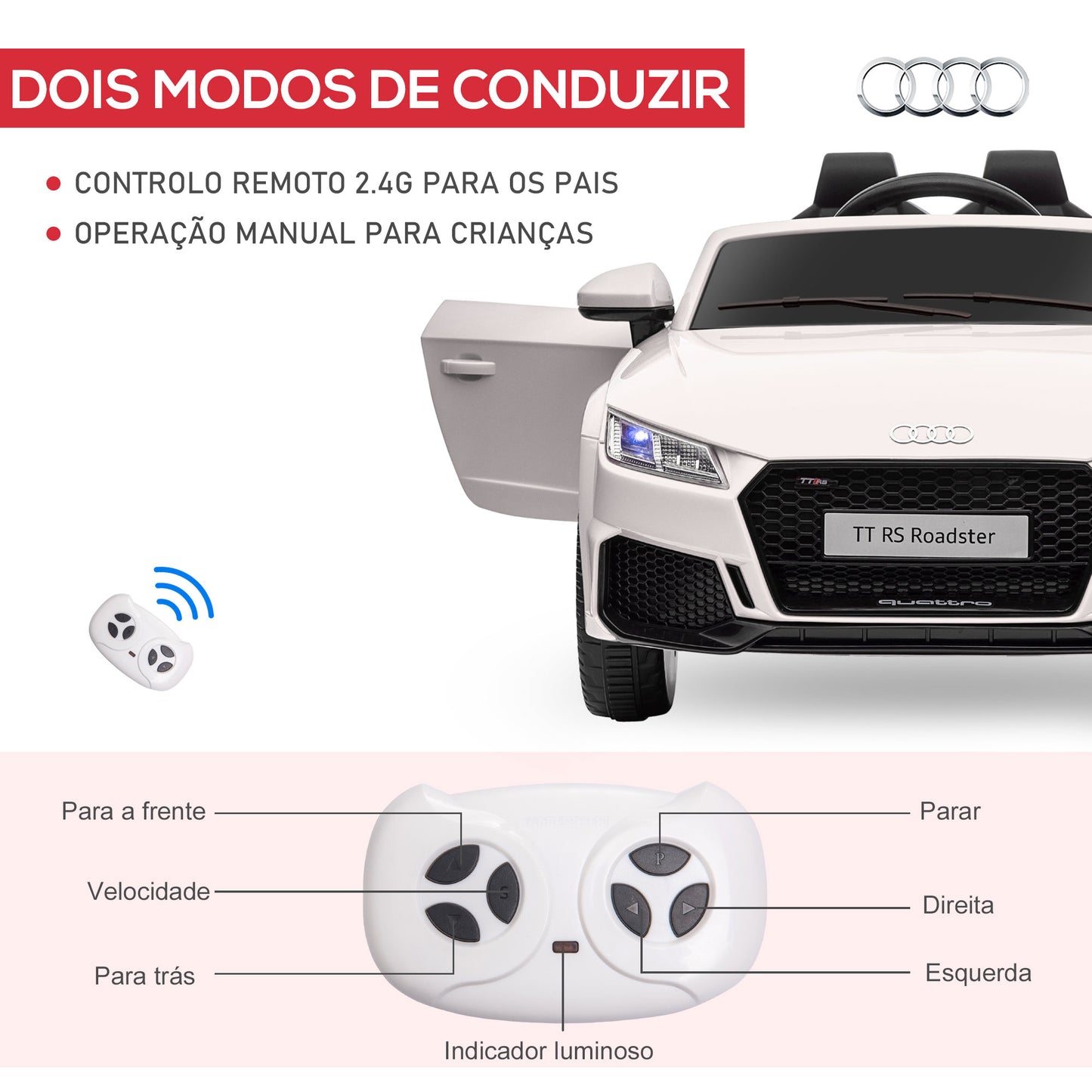 HOMCOM Carro Elétrico Audi TT para Crianças acima de 3 Anos com Controlo Remoto Música e Luzes Bateria 12V Abertura da Porta 102x60x44 cm Branco