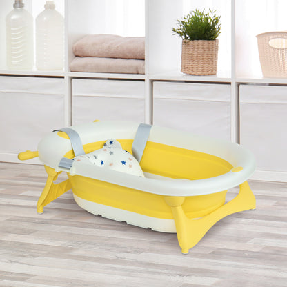 HOMCOM Banheira para Bebé Recém Nascido até 3 Anos Dobrável 30 Litros com Tampa Termossensível e Almofada Confortável Almofadas Antiderrapantes 81,5x50,5x23,5cm Amarelo e Branco