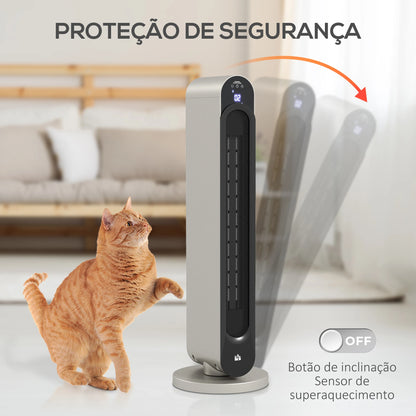 Aquecedor Cerâmico de Torre - Prata e Preto - Ø25x73,5 cm - ABS - Design Moderno com Controlo Remoto