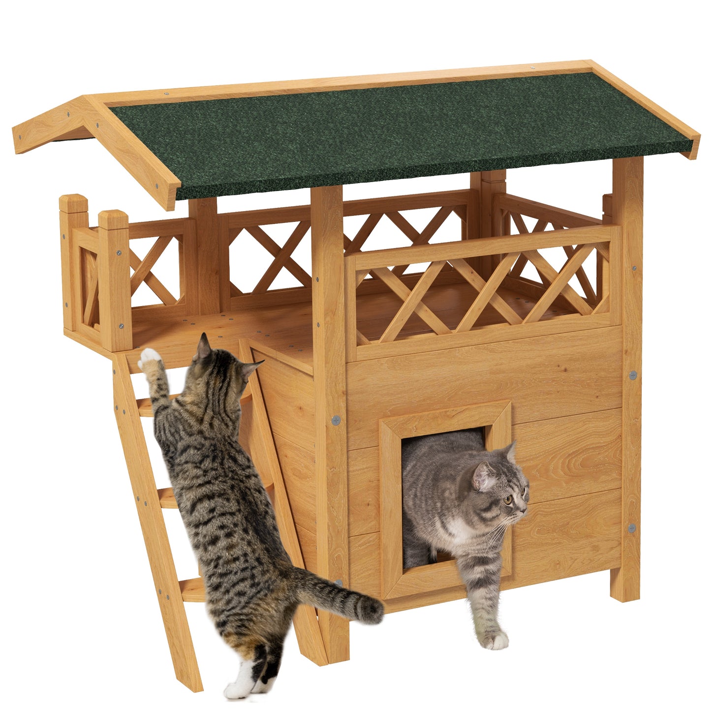 PawHut Casa para Gatos de Madeira 77x50x73 cm Casa para Gatos com 2 Níveis com Teto Asfáltico Terraço Cercado Caverna e Escada para Interior e Exterior Madeira