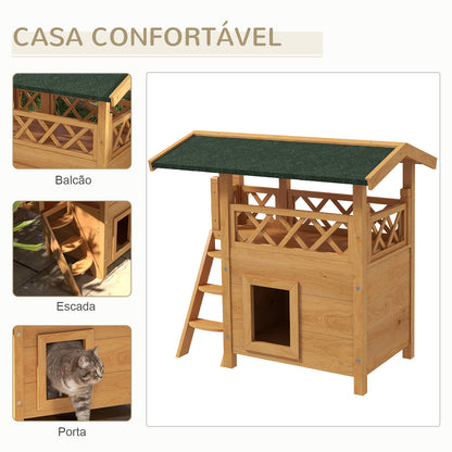 PawHut Casa para Gatos de Madeira 77x50x73 cm Casa para Gatos com 2 Níveis com Teto Asfáltico Terraço Cercado Caverna e Escada para Interior e Exterior Madeira