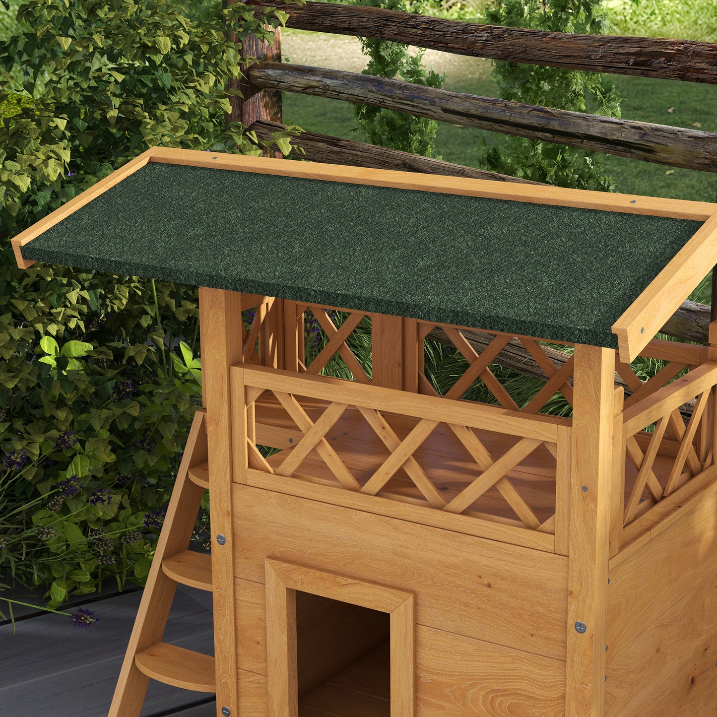 PawHut Casa para Gatos de Madeira 77x50x73 cm Casa para Gatos com 2 Níveis com Teto Asfáltico Terraço Cercado Caverna e Escada para Interior e Exterior Madeira