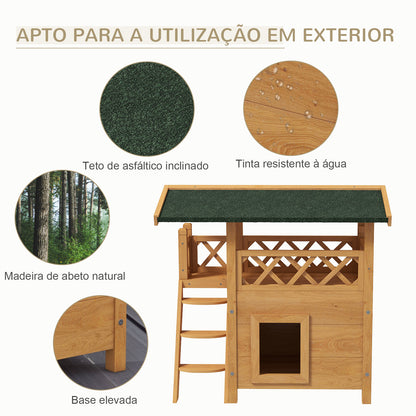 PawHut Casa para Gatos de Madeira 77x50x73 cm Casa para Gatos com 2 Níveis com Teto Asfáltico Terraço Cercado Caverna e Escada para Interior e Exterior Madeira