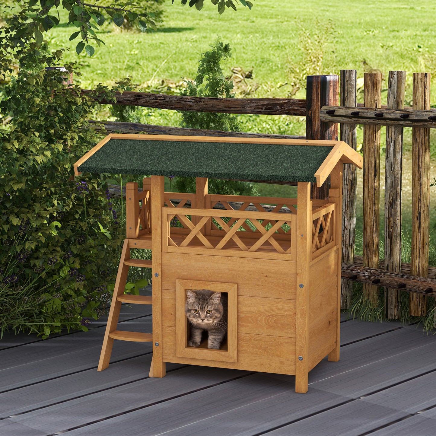 PawHut Casa para Gatos de Madeira 77x50x73 cm Casa para Gatos com 2 Níveis com Teto Asfáltico Terraço Cercado Caverna e Escada para Interior e Exterior Madeira