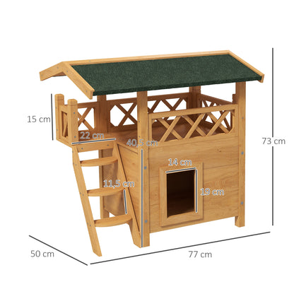 PawHut Casa para Gatos de Madeira 77x50x73 cm Casa para Gatos com 2 Níveis com Teto Asfáltico Terraço Cercado Caverna e Escada para Interior e Exterior Madeira