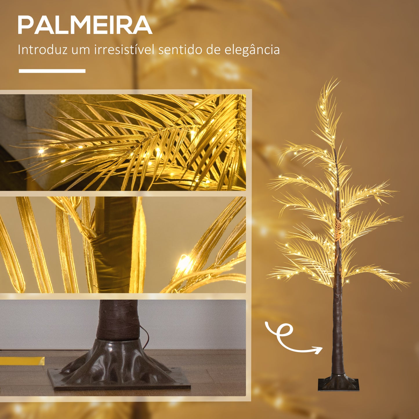 HOMCOM Árvore Palmeira com 150 Luzes LED IP44 Branco Quente Árvore Decorativa para Sala de Estar Festas Interior 21x21x150cm Dourado