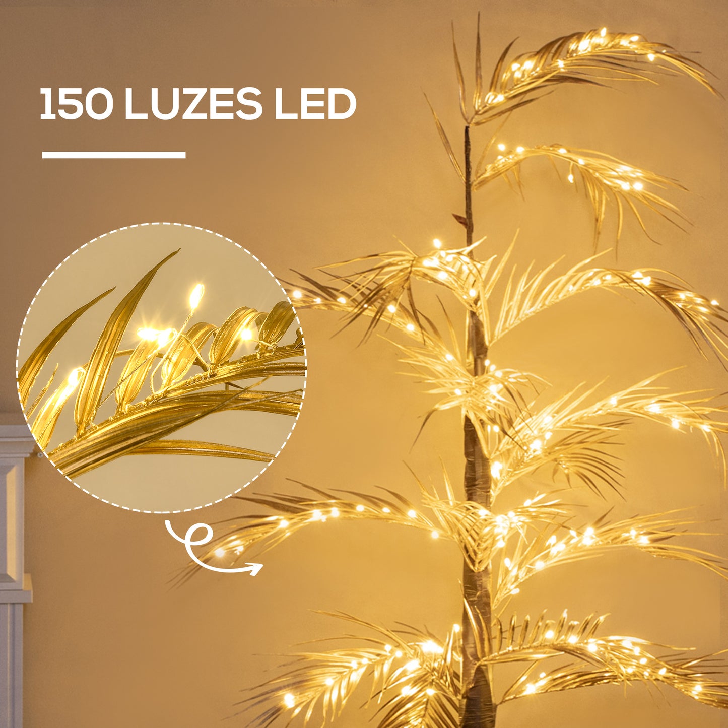 HOMCOM Árvore Palmeira com 150 Luzes LED IP44 Branco Quente Árvore Decorativa para Sala de Estar Festas Interior 21x21x150cm Dourado