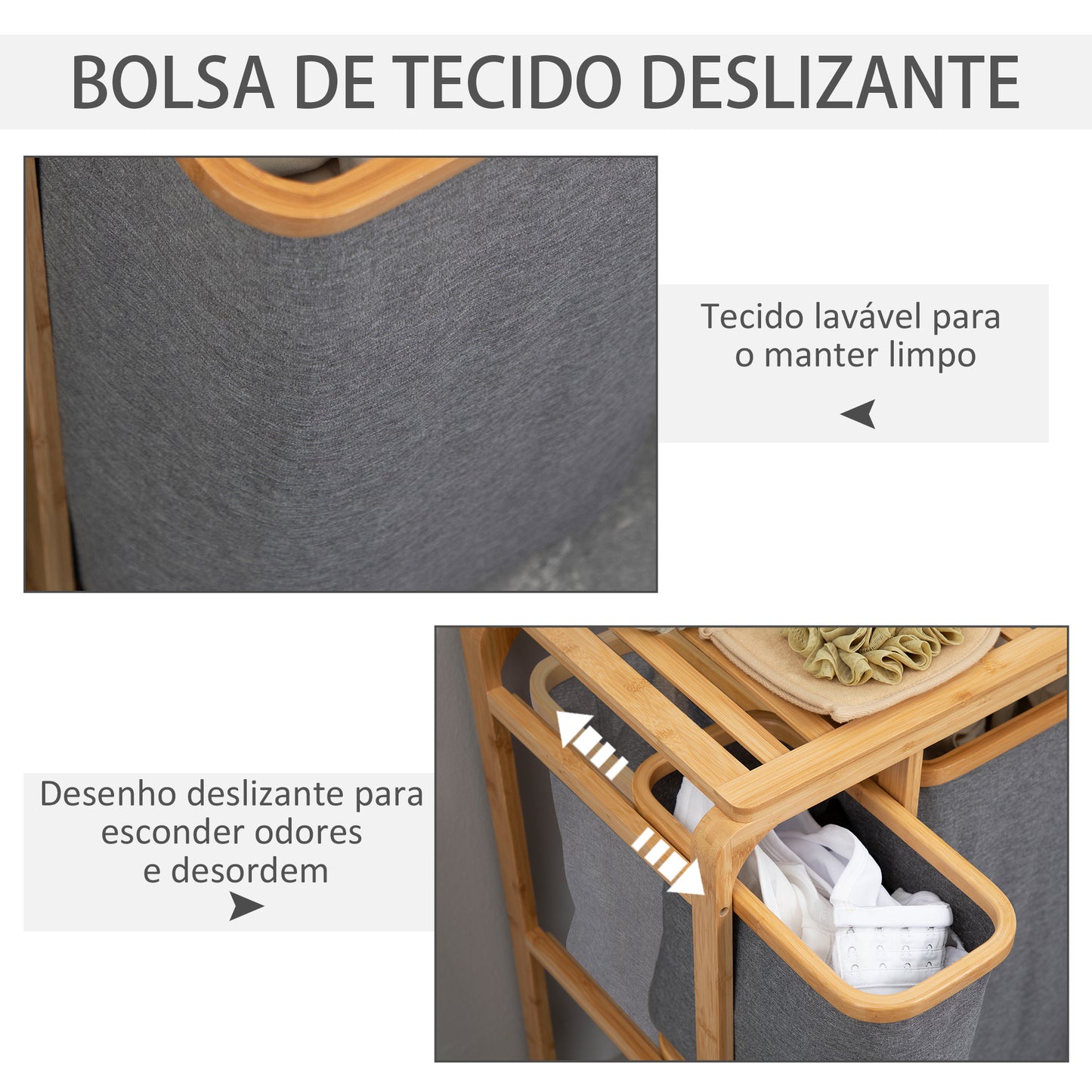 HOMCOM Cesto para Roupa Suja de Bambu Cesto de Roupa com 3 Bolsas de Tecido Amovíveis e Prateleira Aberta para Casa de Banho Dormitório 50x32x69,7cm Cinza e Madeira