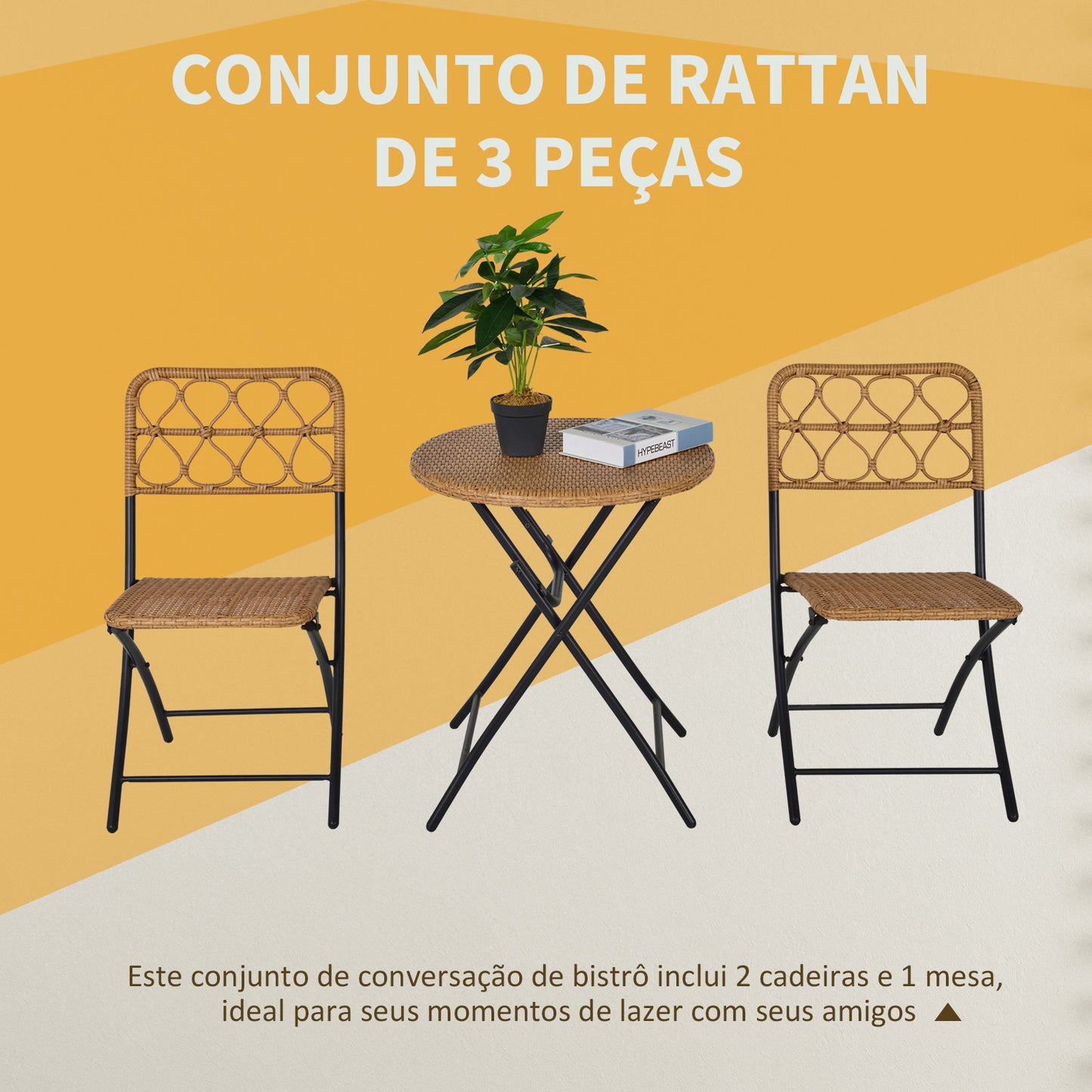 Outsunny Conjunto de Mesa e 2 Cadeiras Dobráveis de Vime para Jardim Varanda Exterior com Estrutura de Aço Ø60x71 cm e 46x56x83 cm Madeira