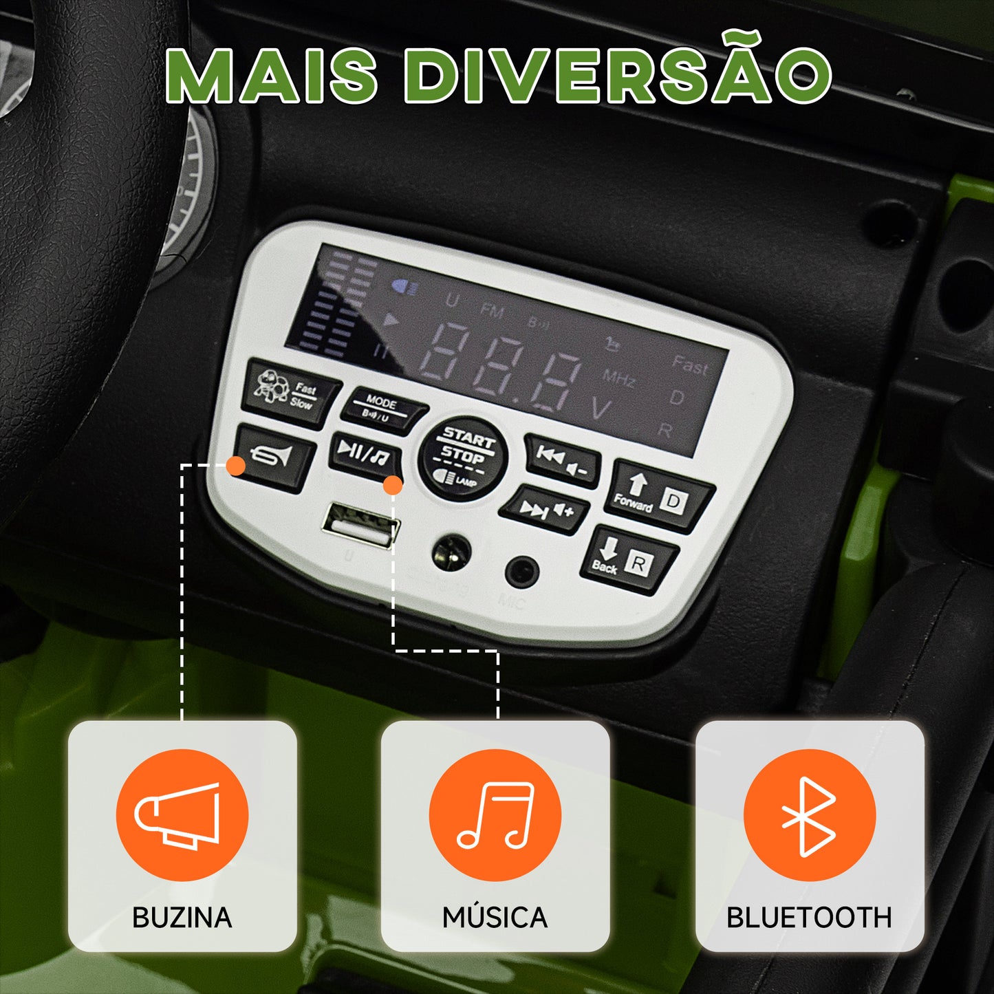 AIYAPLAY Carro Elétrico para Crianças acima de 3 Anos Carro Elétrico Infantil com Bateria de 12V Controlo Remoto Bluetooth Faróis LED Buzina e Música 100x63x65 cm Verde