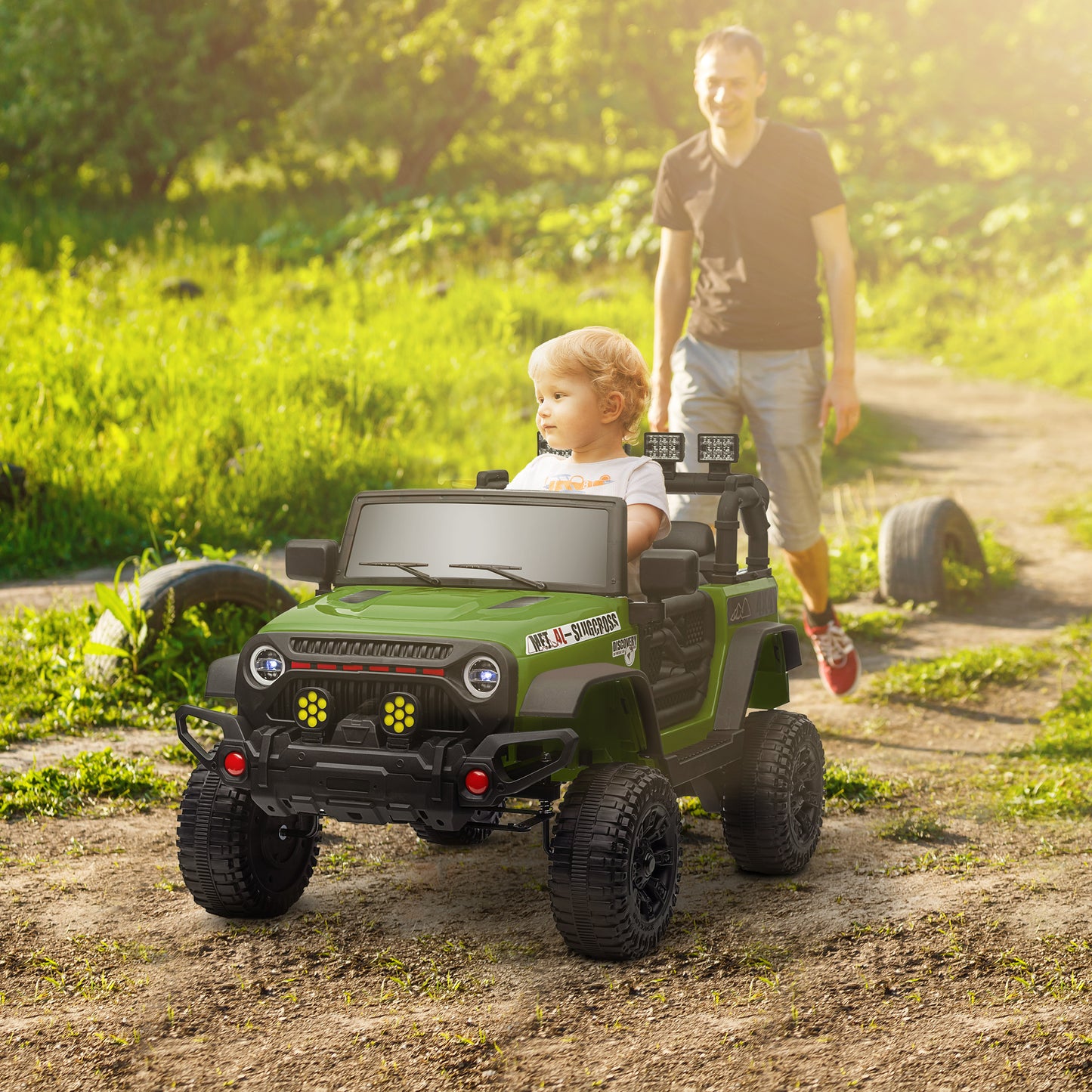 AIYAPLAY Carro Elétrico para Crianças acima de 3 Anos Carro Elétrico Infantil com Bateria de 12V Controlo Remoto Bluetooth Faróis LED Buzina e Música 100x63x65 cm Verde