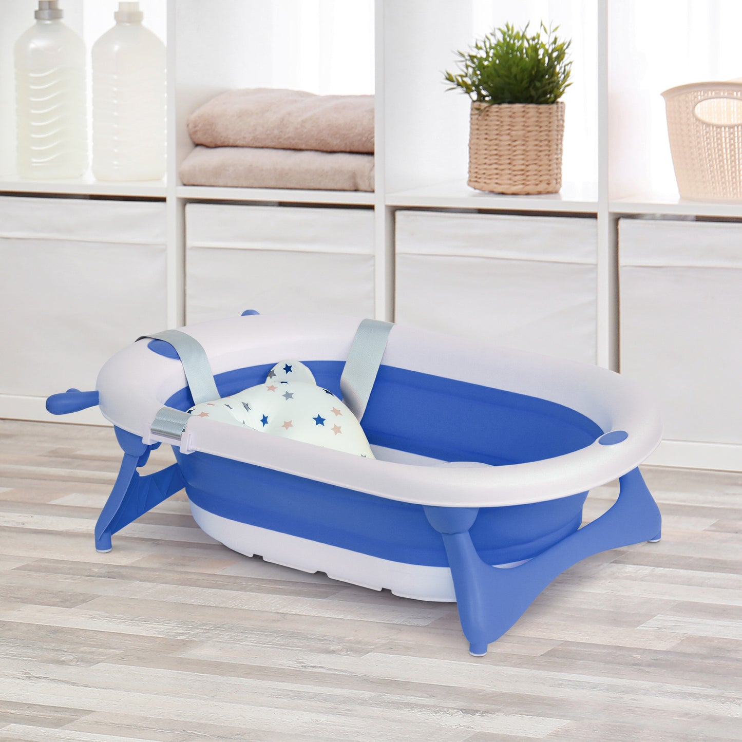 HOMCOM Banheira para Bebé Recém Nascido até 3 Anos Dobrável 30 Litros com Tampa Termossensível e Almofada Confortável Almofadas Antiderrapantes 81,5x50,5x23,5cm Azul e Branco