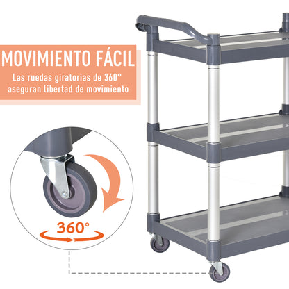 HOMCOM Carrinho de armazenamento multiuso 3 níveis carrinho de cozinha restaurante do hotel 4 rodas universais liga de alumínio carga total 300 kg 88x44x93 cm cinza