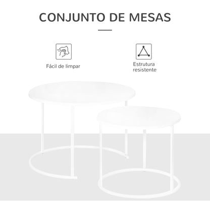 Outsunny Conjunto de 2 Mesas de Centro Mesas Laterais Redondas de Metal para Sala Jardim Carga Máxima de 25 kg Φ70x50 cm Branco