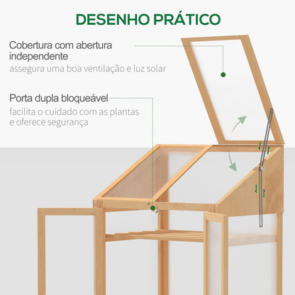 Outsunny Estufa de Madeira com Painéis de Policarbonato Estufa de Jardim com Teto Abatível 2 Portas e 3 Prateleiras para Cultivo de Plantas 70x50x120cm Madeira