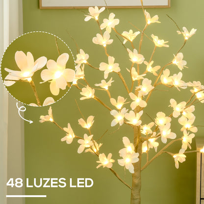 HOMCOM Árvore Cerejeira Altura 120 com 48 Luzes LED IP44 em Branco Quente Ramos Flexíveis e Base de Candeeiro Árvore de Decoração de Natal para Interiores 18x18x120cm Cáqui