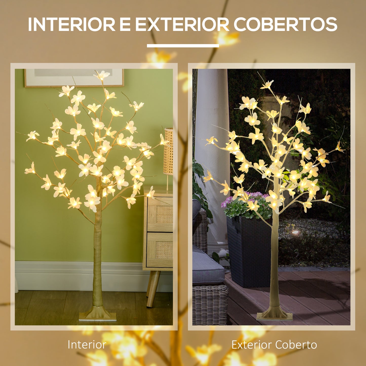 HOMCOM Árvore Cerejeira Altura 120 com 48 Luzes LED IP44 em Branco Quente Ramos Flexíveis e Base de Candeeiro Árvore de Decoração de Natal para Interiores 18x18x120cm Cáqui