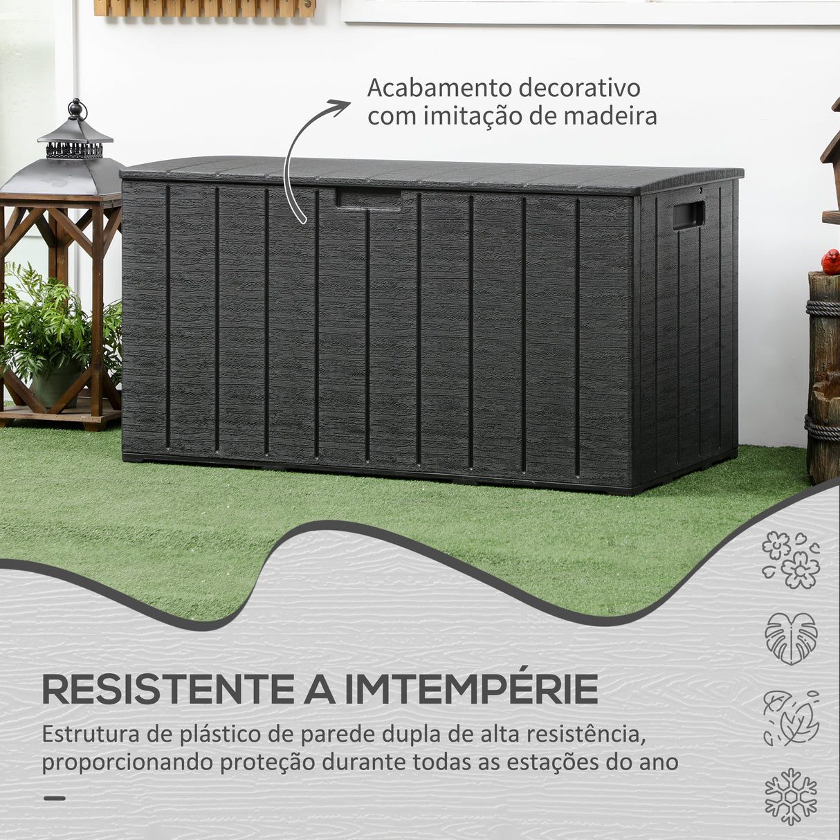 Outsunny Baú de Armazenamento Exterior 366L Baú para Jardim de Plástico de Parede Dupla com Rodas Alças para Varanda Pátio Carga Máxima 100 kg 122,4x62x64,5 cm Preto