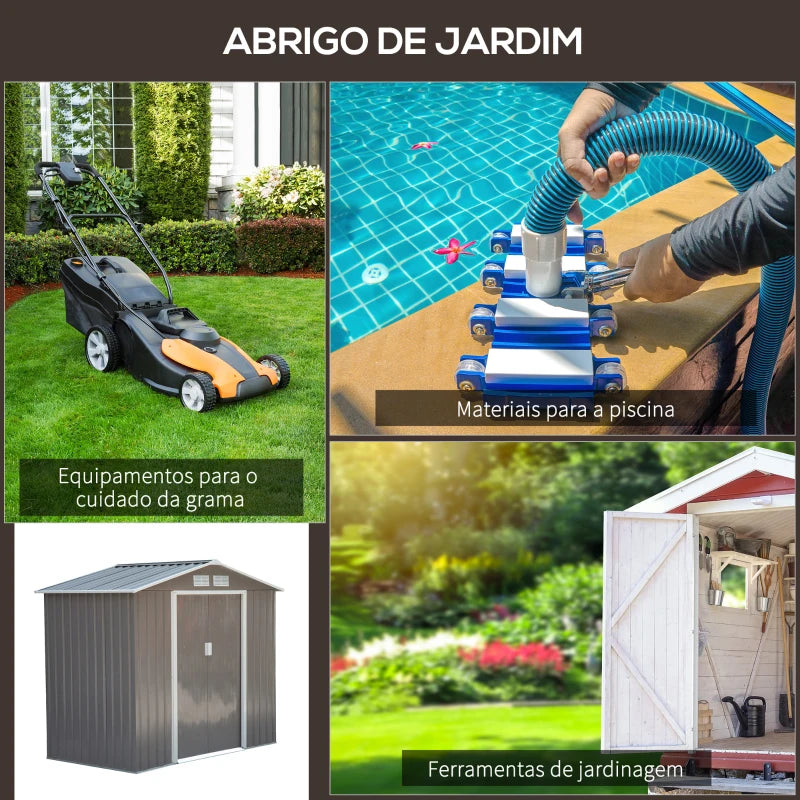 Abrigo de Jardim 213x130x185cm Abrigo de Jardim Metálico de Exterior para Armazenamento de Ferramentas com 2 Portas Deslizantes e 4 Janelas para Terraço Cinza Claro