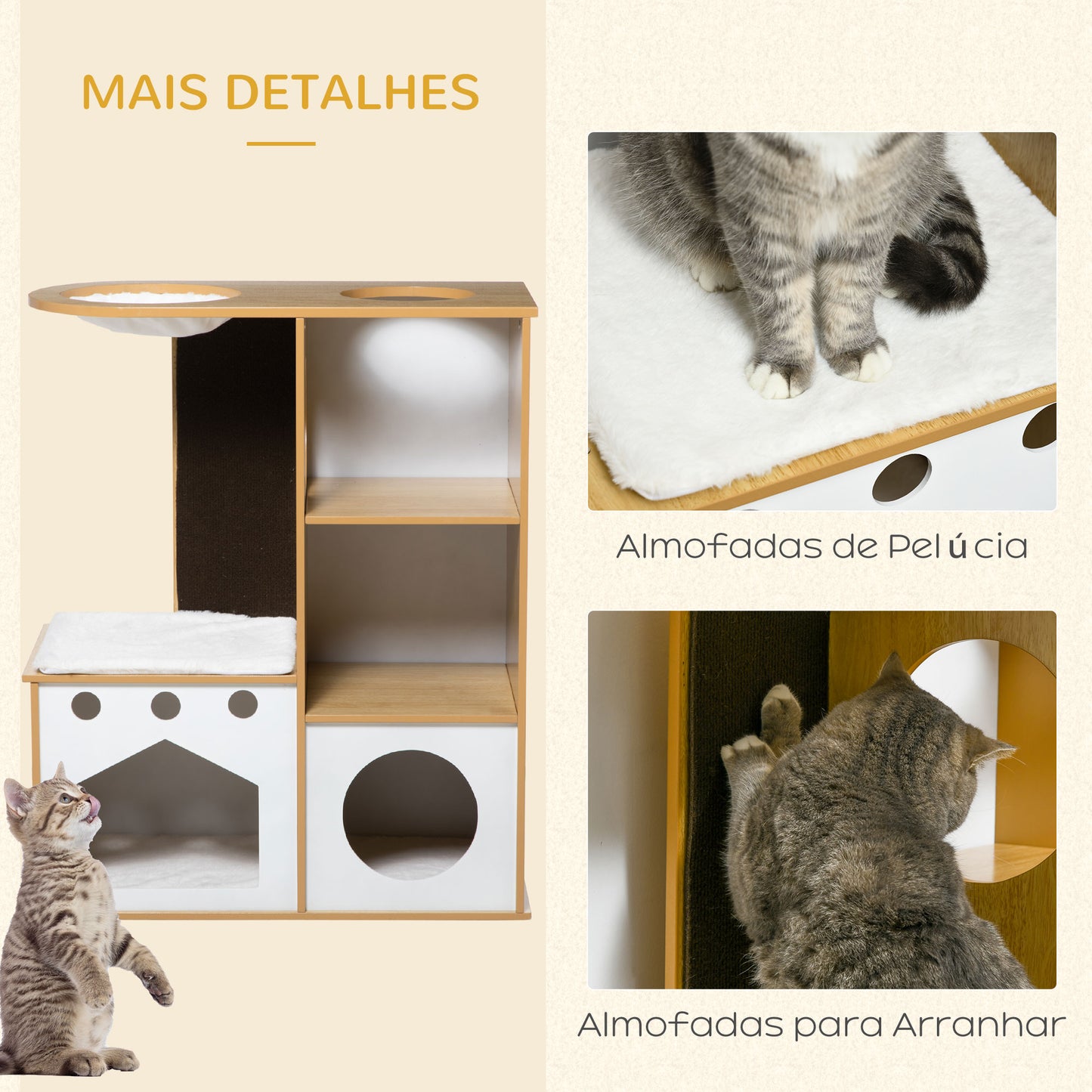 PawHut Casa para Gatos de Madeira 92,5cm Torre para Gatos com 2 Cavernas Arranhador Rede e Almofadas de Pélucia 76x37x92,5 cm Carvalho e Branco