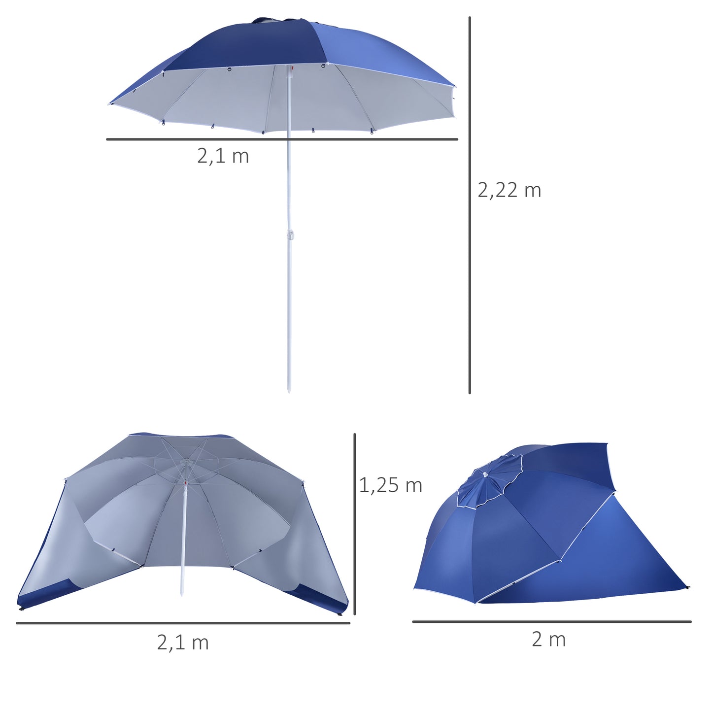 Outsunny Chapéu de Sol de Praia com Painéis Laterais Tipo Tenda Chapéu de Sol para Praia com Proteção UV Φ210x222cm Azul