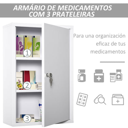 kleankin Armário Farmácia de Parede de Armário para Medicamentos de Metal com 3 Prateleiras de Armazenamento e Fechadura com 2 Chaves para Casa de Banho Cozinha 40x18x60cm Branco