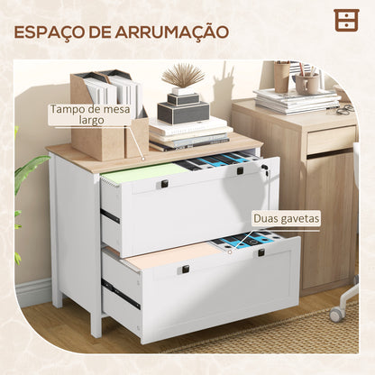 HOMCOM Armário de Escritório Móvel Arquivador com 2 Gavetas 2 Barras Suspensas Fechadura e 2 Chaves para Tamanho A4 para Estúdio Sala de Estar 79x40x72 cm Branco e Madeira