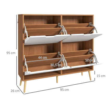 Sapateira Sidney - Cor Castanho e Branco - Com 4 Portas - 95x26x95 cm  - Melamina de madeira e Madeira de Pinho - Design Moderno