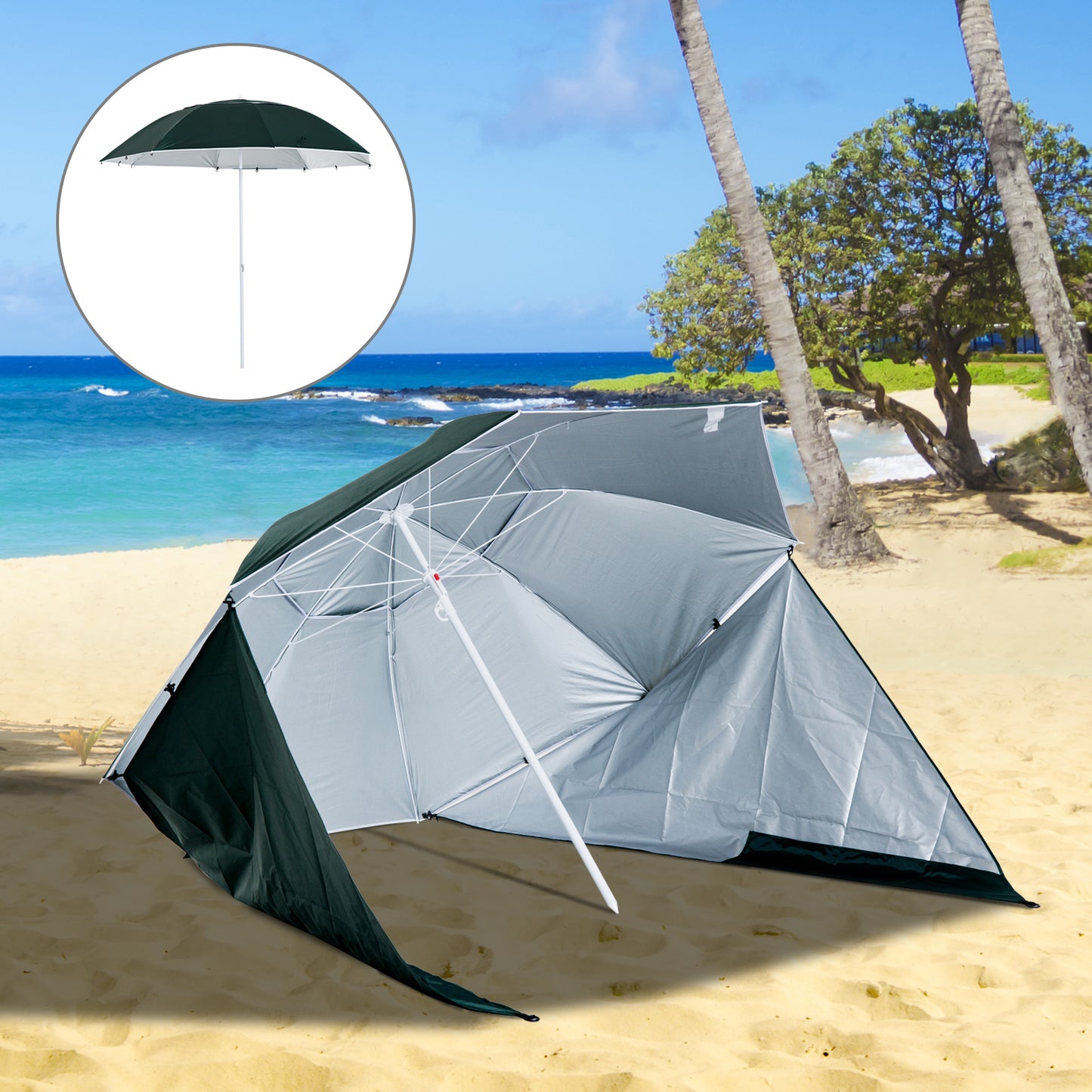 Outsunny Chapéu de Sol de Praia com Painéis Laterais Tipo Tenda Chapéu de Sol para Praia com Proteção UV Φ210x222cm Verde Escuro