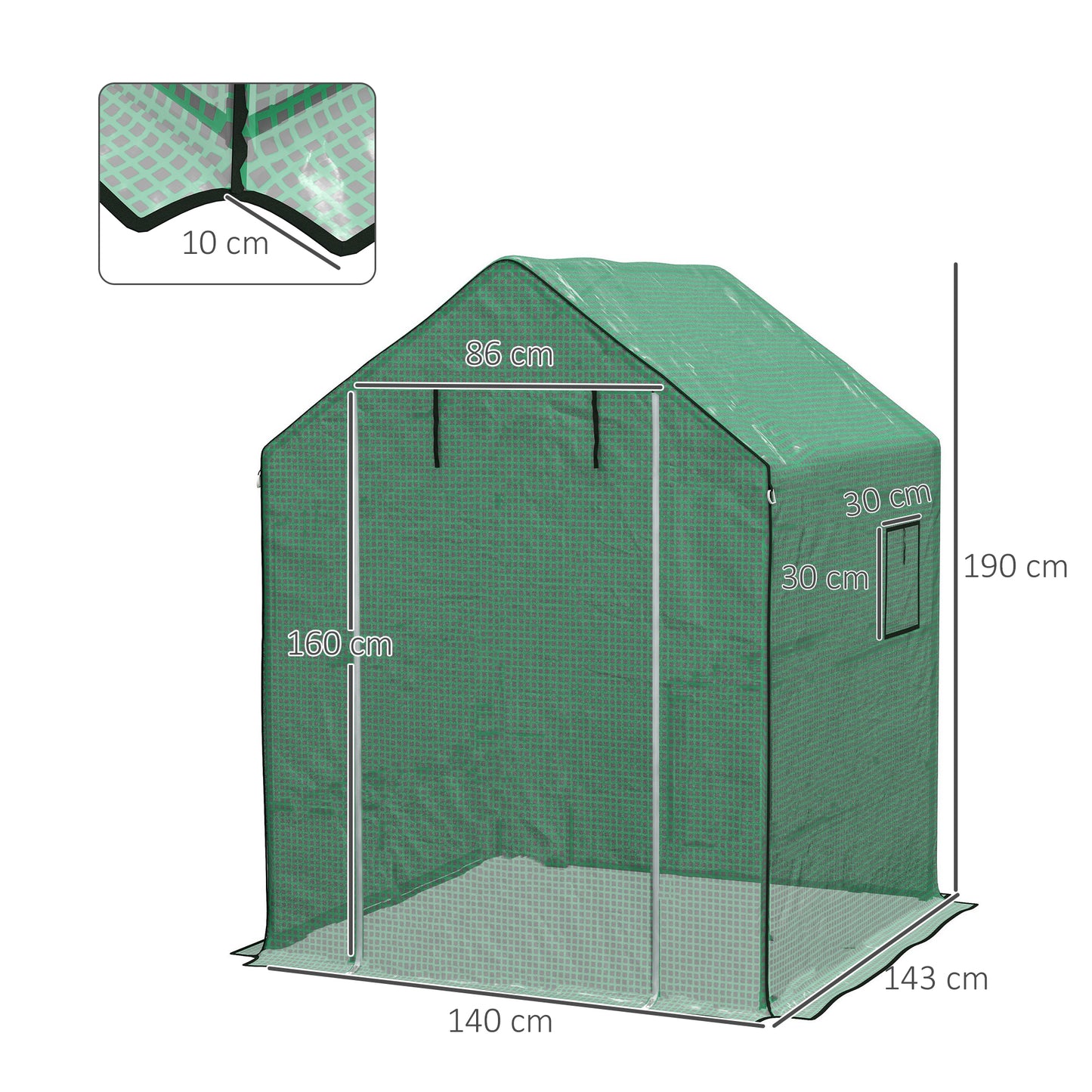 Cobertura de Substituição para Estufa – 140x143x190 cm – PE Reforçado com Janela e Porta com Fecho Éclair – Verde