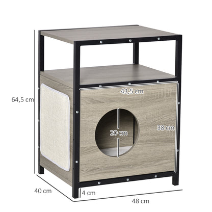 PawHut Casa para Gatos de Madeira com Aparência de Mesa Auxiliar Caverna com Almofada Extraível Porta com Orifício e Tapete Arranhador 48x40x64,5cm Carvalho Cinza