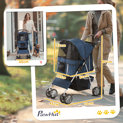 PawHut Carrinho de Passeio para Animais de Estimação Carrinho para Cães e Gatos Dobrável com Capô Ajustável Cesta de Armazenamento Suporte para Copos e Travão 75x45x97 cm Azul Escuro