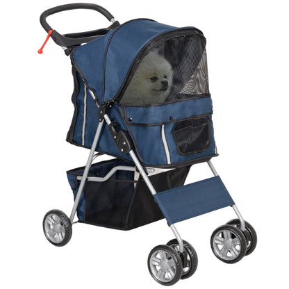 PawHut Carrinho de Passeio para Animais de Estimação Carrinho para Cães e Gatos Dobrável com Capô Ajustável Cesta de Armazenamento Suporte para Copos e Travão 75x45x97 cm Azul Escuro