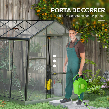 Outsunny Estufa de Jardim de Policarbonato 2,54x1,92x2,04 m Estufa para Horta com Janela Ajustável em 5 Níveis Porta de Correr e Base para Cultivo de Plantas Flores Transparente e Preto