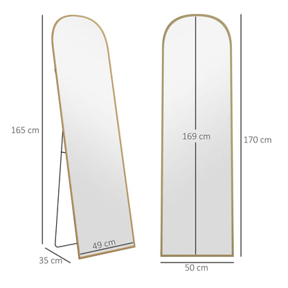 HOMCOM Espelho de Pé Espelho de Corpo Inteiro 50x170 cm Espelho de Parede com Estrutura de Liga de Alumínio e Suporte para Sala Quarto Banheiro Dourado